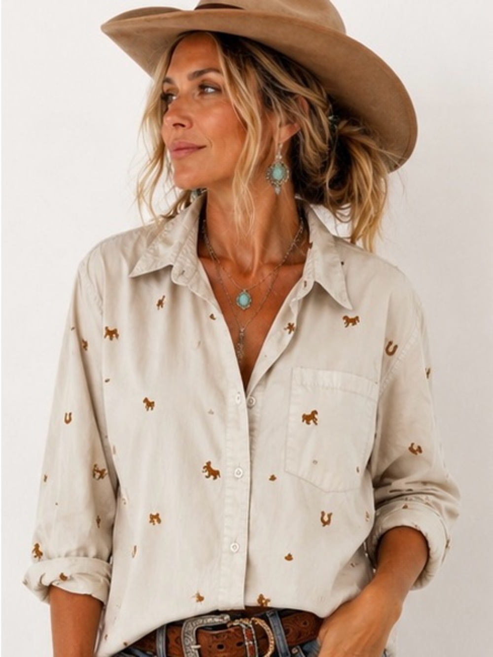 Anthropologie Flat White brand Cream Button-Down Shirt with Brown Western Motif